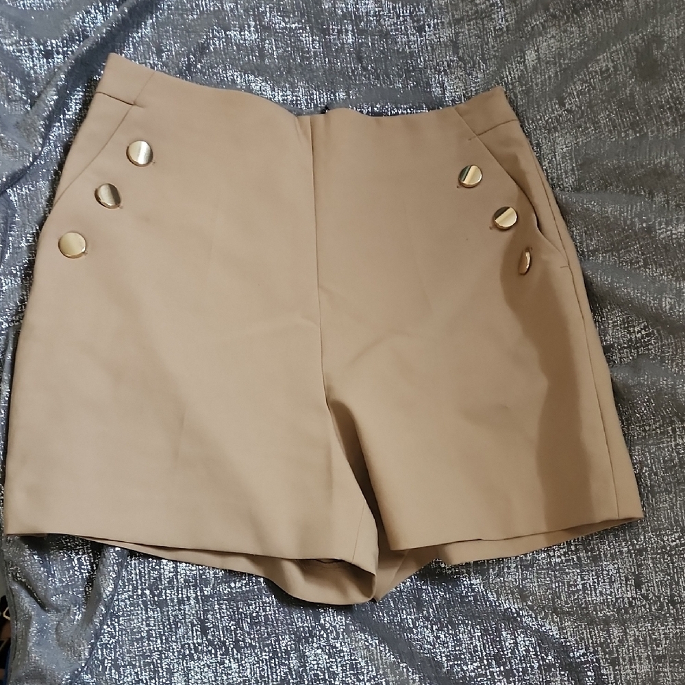 Zara Beige High Waist Shorts with Metallic Accents